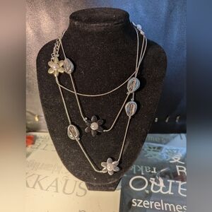 Chic Silver Tone With Black & White Enamel Flowers Necklace. 40 Inches Long